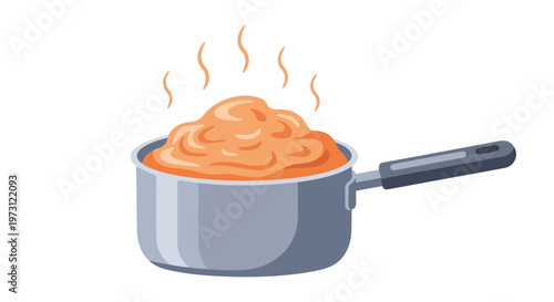 Simple cartoon illustration of a saucepan filled with steaming orange food, hinting at comfort and warmth