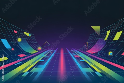 Tech background. Neon glow grid wallpaper. Digital science visualization
