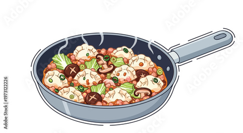 A steamy pan filled with delicious dumplings, mushrooms, and leafy greens, rendered in a vibrant cartoon style with clean lines and appealing