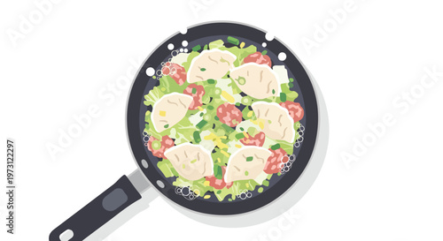 Delightful culinary creation of pan-fried dumplings with vibrant fresh vegetables and savory meat morsels, presented from a bird's eye view in a