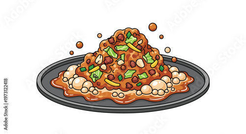 A visually appealing stylized illustration of a heaped portion of savory ground meat and vegetable dish served hot on a dark grey plate with