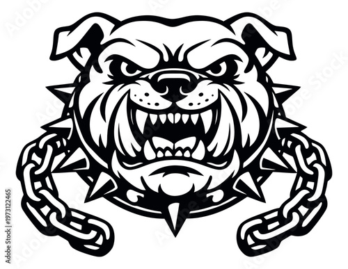Bold graphic illustration of a bulldog head depicting an angry expression with spiked collar for a sports mascot