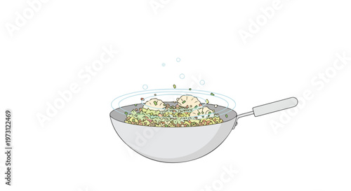 Whimsical cartoon illustration of a wok filled with delicious fried rice and dumplings emitting steam and culinary magic with playful bubbles
