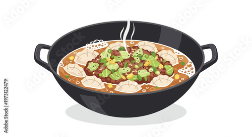 A stylized illustration of a steaming bowl of dan dan noodles served in a black wok, a popular Sichuanese dish.