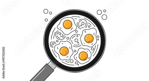 Crispy fried eggs sizzling in a black pan with abstract circular patterns and steam bubbles in a minimalist illustration style