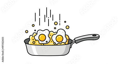 Simple illustration of fluffy scrambled eggs with two sunny-side-up eggs sizzling in a pan with steam