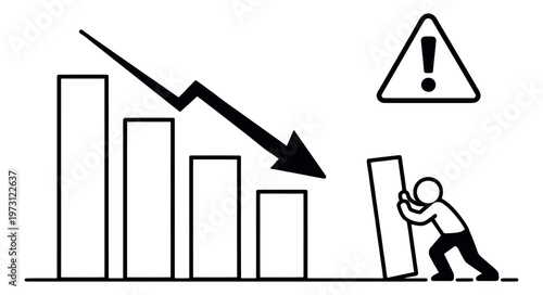 Line art illustration of a person struggling with a declining bar graph depicting an economic downturn and risk for business concepts