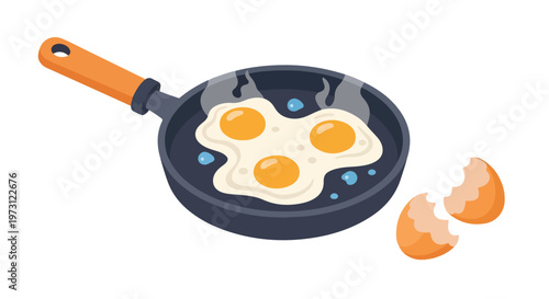 Wholesome Breakfast Preparation: Three Sunny-Side-Up Eggs Sizzling in a Frying Pan Accompanied by Broken Eggshell Fragments