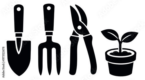 Simple silhouette gardening tools set featuring a shovel, a hand fork, pruning shears, and a potted seedling for home gardening