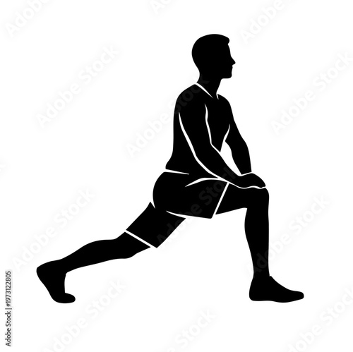 Silhouette of person doing forward lunge, representing fitness training, strength, balance, and workout routine.
