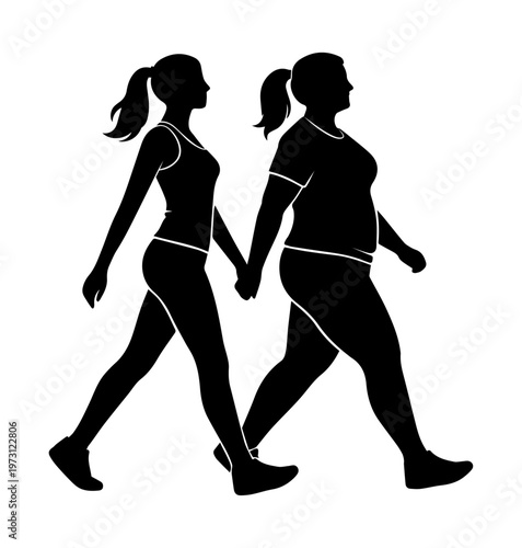 Silhouette of two women with different body types walking together, representing body positivity, diversity, inclusion, and real body shapes.