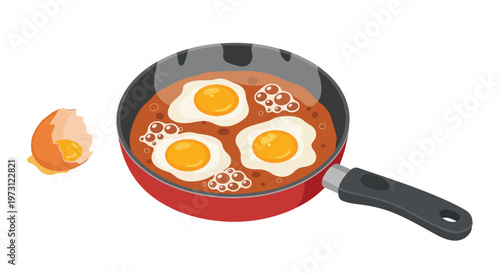 Freshly Fried Eggs Simmering in a Red Skillet with a Cracked Eggshell Nearby