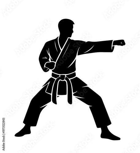 Minimal black silhouette of karate stance. Silhouette of karate practitioner in stance, representing discipline, martial arts training, self defense, strength, and focus.