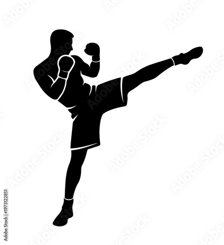 Minimal black silhouette of kickboxer performing high kick. Silhouette of athlete performing high kick, representing martial arts, kickboxing, flexibility, strength, and combat training.