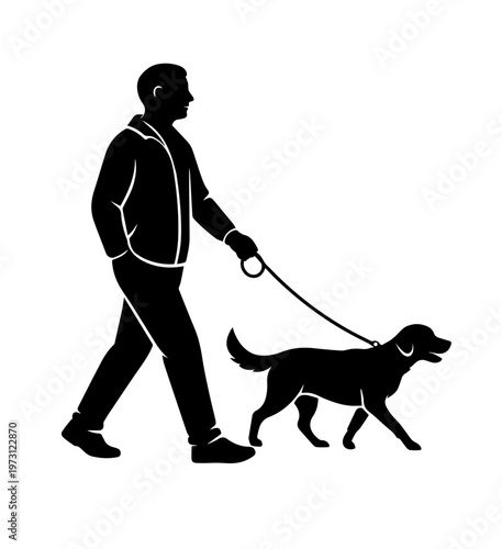 Silhouette of man walking dog on leash, representing pet care, companionship, daily routine, outdoor activity, and healthy lifestyle.