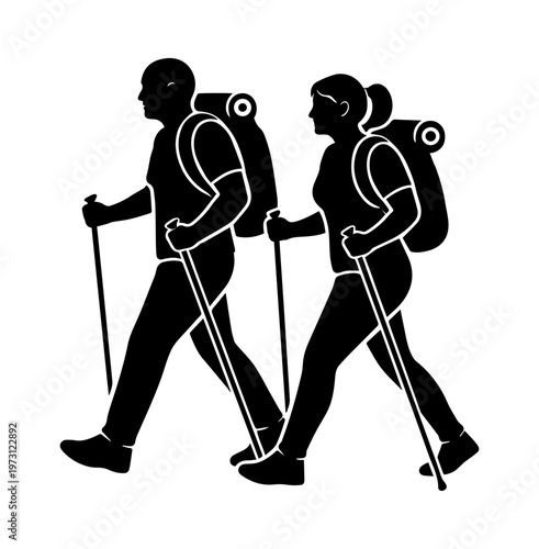 Silhouette of couple hiking with backpacks and trekking poles, representing adventure, travel, outdoor activity, nature exploration, teamwork, and healthy lifestyle.