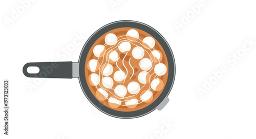 Top-down view of a pan filled with steaming soup and white meatballs, showcasing a culinary illustration