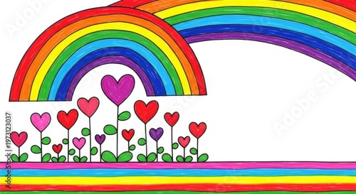 Colorful childs of two rainbows and heart flowers mother's day background wallpaper poster banner download 2026 2027