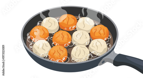 A delectable illustration of dumplings or meatballs simmering in a pan with bubbling liquid, showcasing a culinary process