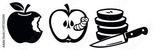 Line art fruit set featuring bitten, wormy, and sliced apples with a knife for healthy eating concepts