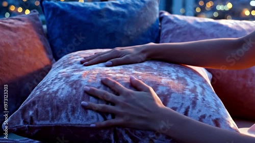 A person's hands resting on a vibrant patterned pillow on a couch at dusk