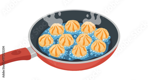 Illustration of Delicious Dumplings Being Pan-Fried in a Red Skillet with Bubbling Water Creating Steam