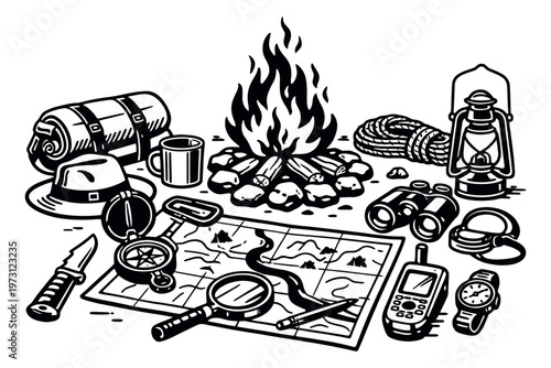 Hand drawn line art camping equipment set featuring a campfire, map, and essential outdoor tools for nature exploration