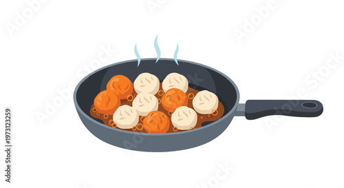 Steaming hot meatballs and dumplings simmer in a sizzling pan creating a mouthwatering culinary scene