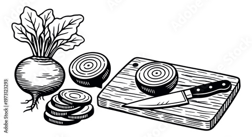 Hand drawn line art kitchen and cooking set featuring a beet, sliced beets, a kitchen knife, and a cutting board for food preparation