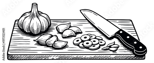 Hand drawn line art garlic set featuring a bulb, cloves, sliced garlic, and a knife for cooking preparation