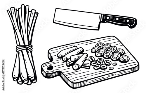 Hand drawn line art cooking set featuring a bundle of lemongrass, a chef knife, and chopped lemongrass on a cutting board for food preparation
