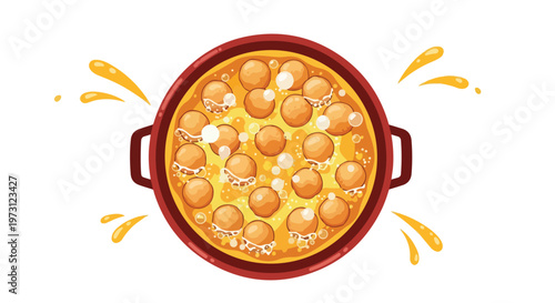 Top-down view of a bubbling pot filled with delicious, golden-brown meatballs in a rich, savory sauce with vibrant yellow splatters, symbolizing