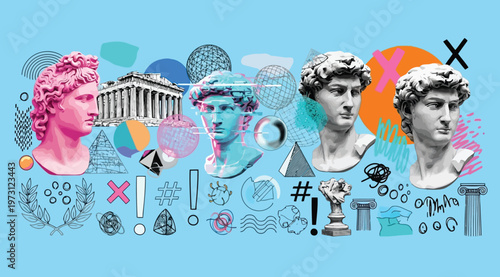 Vaporwave style collage with classical greek sculptures and geometric shapes on a light blue background