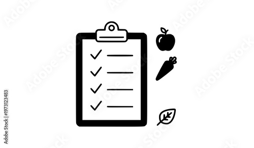 Linear nutrition checklist vector icon with fruit and vegetable symbols for healthy meal planning