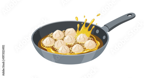 Delicious dumplings sizzling in hot oil within a frying pan, a culinary visual delight.