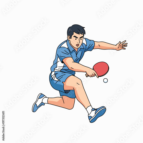 Illustration of a young man playing table tennis with a red paddle on a white background, wearing a blue uniform with dynamic movement.