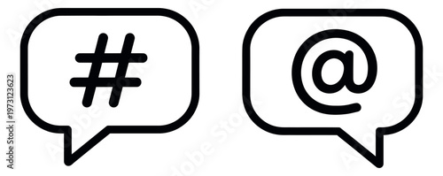 Line art social media symbols set featuring a hashtag and an at symbol in speech bubbles for online communication