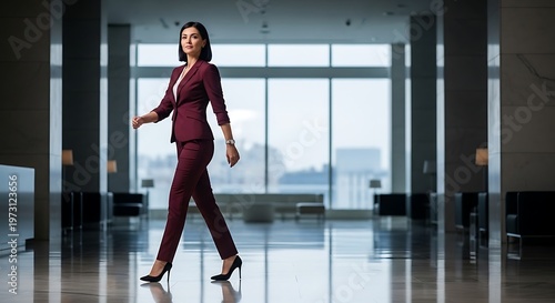 Confident businesswoman in a stylish maroon suit walking purposefully through a modern office lobby with large windows and city views