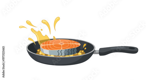 Vibrant illustration of a salmon fillet sizzling in a frying pan with bubbling oil and a splash effect