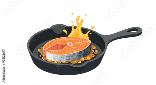 Illustration of a fresh salmon steak sizzling in a cast-iron skillet with bubbling oil, representing culinary preparation and healthy eating choices