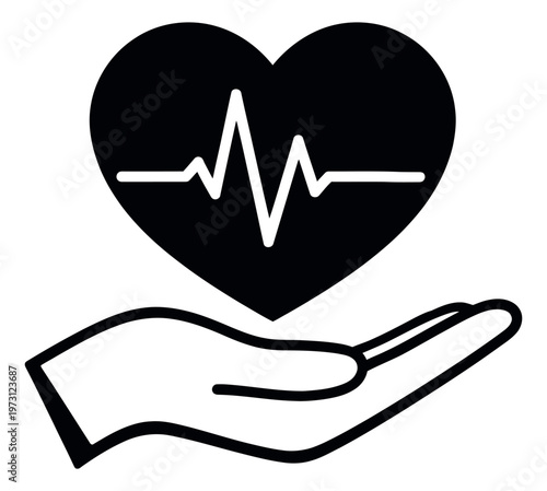 Graphic illustration of a hand holding a heart with a heartbeat line depicting health and care for medical concepts
