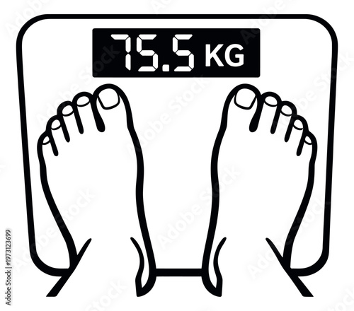 Black line art illustration of human feet on a digital weight scale depicting body mass measurement for health and fitness concepts