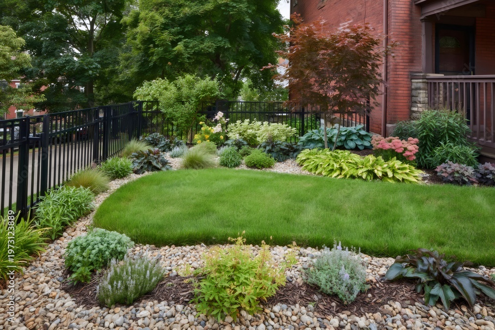 Fototapeta premium Lush green lawn landscaping with decorative garden beds