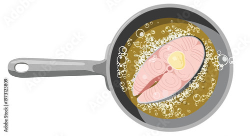 Delicious salmon steak sizzling in a hot frying pan with bubbling oil creating a tempting culinary scene