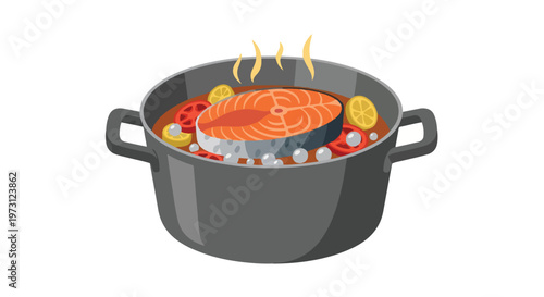 Delicious salmon steak simmering in a pot with tomatoes and lemons, a culinary masterpiece presented in a vibrant illustration, a feast for the eyes