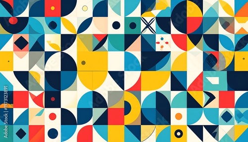 A vibrant geometric composition featuring a mosaic of shapes circles, squares, diamonds, and crescents. A palette of primary and secondary colors dominates