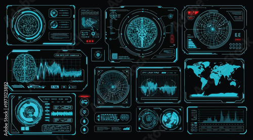 Futuristic HUD interface dashboard with digital data visualization cyber security analytics radar screen world map hologram technology UI panel blue neon sci fi control system abstract background