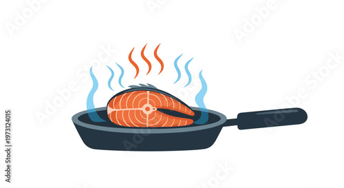 Illustrative depiction of a vibrant salmon fillet sizzling and releasing aromatic steam in a modern frying pan
