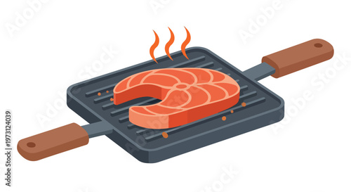 Fresh salmon steak sizzling on a cast iron grill pan with steam rising