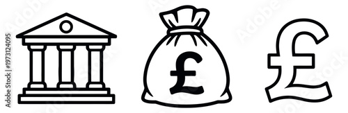 Line art finance icons set featuring a bank building, a money bag and a pound sterling symbol for financial concepts